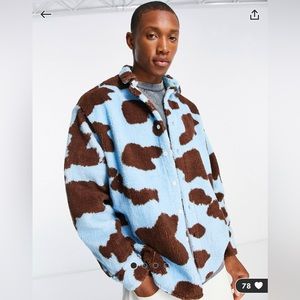 Asos design boxy oversized borg shirt in cow print.